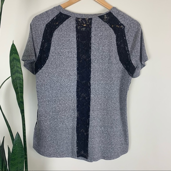 Rebecca Taylor Heathered Gray Tee with Black Lace Details - Picture 3 of 8